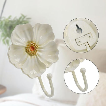 Guichifun Flower Coat Hooks Wall Decor - 2pcs Resin White Decorative Wall Hooks for Hanging Clothes Coats Towels Keys Bags Hats Bathroom Home Decoration Gift 4.3 x 2.2 x 6 Inch