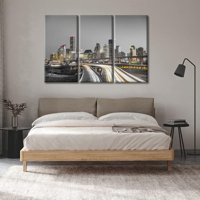 TUMOVO 3 Pieces American Canvas Paintings Home Decor Beautiful Houston Nighttime Skyscrapers Lightscape Wall Art for Living Room City Skyline Modern Home Decor Framed Ready to Hang (42" Wx28 H)