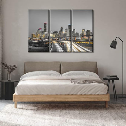 TUMOVO 3 Pieces American Canvas Paintings Home Decor Beautiful Houston Nighttime Skyscrapers Lightscape Wall Art for Living Room City Skyline Modern Home Decor Framed Ready to Hang (42" Wx28 H)