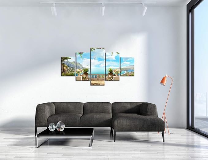 Yatsen Bridge Coastal Wall Art for Living Room 5 Piece Ocean Garden Decor Seascape Canvas Print Home Decoration Framed Ready to Hang(60''W x 32''H)