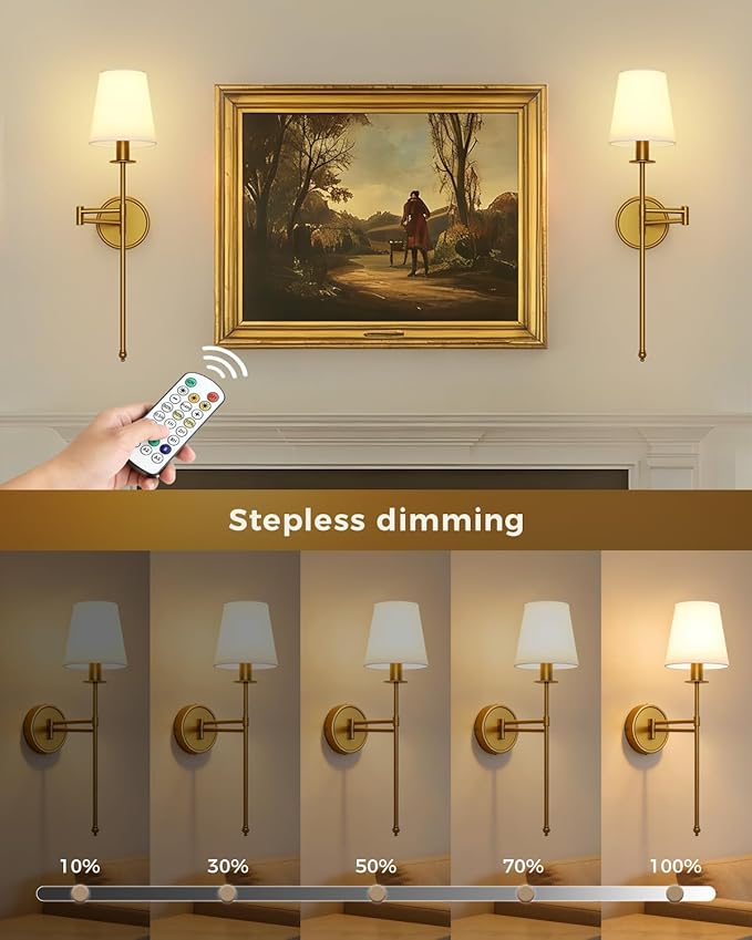 Joosenhouse Battery Operated Wall Sconces (Set of 2), Wireless Dimmable Wall Lights, 9 RGB Color Options, 24.8-inch Brass Indoor Wall Lamps, for Decorating bedrooms, Living Rooms, and hallways