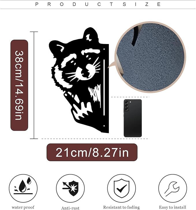 Quanqiuyi Funny Raccoon Wall Art - Rustproof Metal Sculpture for Outdoor Garden & Patio Decor, Wilderness Theme Novelty Gift