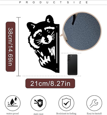 Quanqiuyi Funny Raccoon Wall Art - Rustproof Metal Sculpture for Outdoor Garden & Patio Decor, Wilderness Theme Novelty Gift