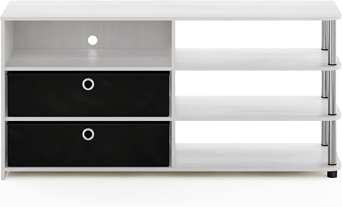 Furinno JAYA Simple Design TV Stand for up to 55-Inch with Bins, White Oak, Stainless Steel Tubes