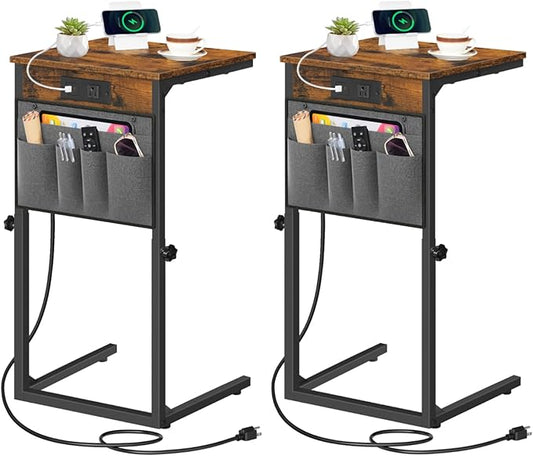 HOOBRO C Shaped End Tables with Charging Station, Set of 2, 30” Adjustable Height Sofa Side Tables, Slide Under Couch Tables for Sofa Arm Tray, for Living Room, Bedroom, Rustic Brown BF77USFP201