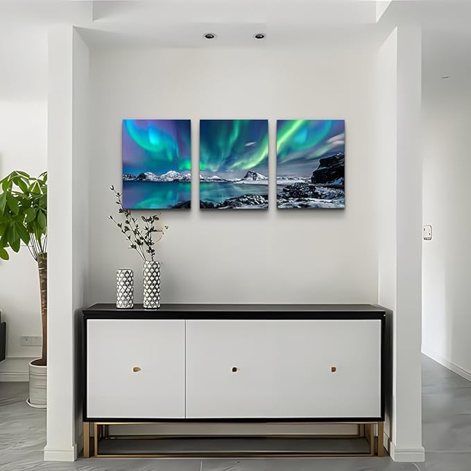 MHARTK66 Wall Art for Bedroom Wall Decor for Living Room Office Decor Abstract Mountain Aurora Landscape Painting 3 Piece Scenic Framed Canvas Art Prints Ready to Hang Kitchen Wall Pictures Home Decor