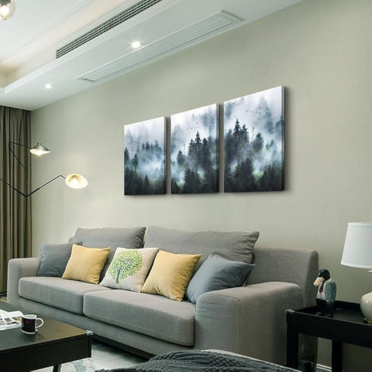 Lapremoly Trees Landscape Pictures Wall Decorations For Living Room Canvas Wall Art For Bedroom Modern Office Wall Decor Foggy Forest Wall Painting Artwork Ready To Hang Room Home Decor 3 Piece