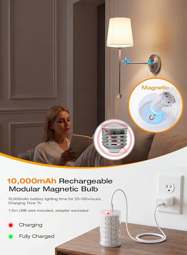 CLOUDY BAY 10000mAh Battery Operated Wall Sconces,Up to 100 Hours with Rechargeable RGB Dimmable Magnetic Bulb,Cordless Wall Lighting Fixtures with Remote for Bedroom,Brushed Nickel,2 Pack-18.6inch