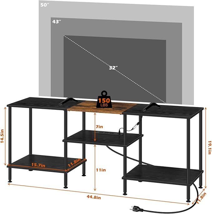 LED TV Stand for Bedroom Black 50 Inch TV Stand with Power Outlet, 3 Tier Small Entertainment Center with Storage Farmhouse TV Media Console Table for 50 43 40 32 Inch TV
