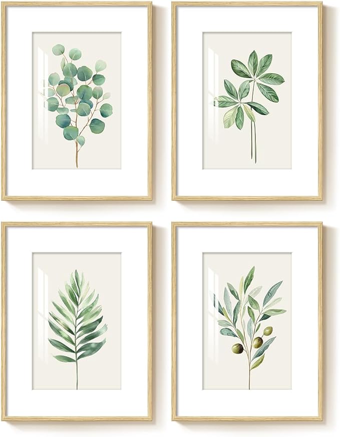 Framed Minimalist Sage Green Botanical Wall Art for Bedroom, Farmhouse Boho Plant Artwork for Walls, 4 piece Vintage Leaf Picture Prints for Bathroom Living Room Kitchen Wall Art Decor, 12x16 Inch