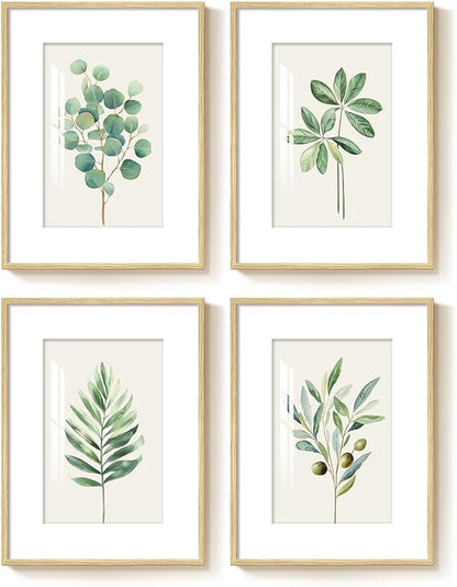 Framed Minimalist Sage Green Botanical Wall Art for Bedroom, Farmhouse Boho Plant Artwork for Walls, 4 piece Vintage Leaf Picture Prints for Bathroom Living Room Kitchen Wall Art Decor, 12x16 Inch