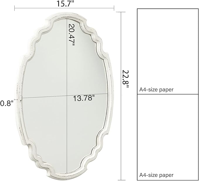 Vintage Sculpted Oval Mirrors for Wall Decor Living Room 16 x 23 inch, Hanging Distressed White Ornate Accent Wood Farmhouse Mirror, Rustic Wall Mounted Mirrors for Small Bathroom Entryway