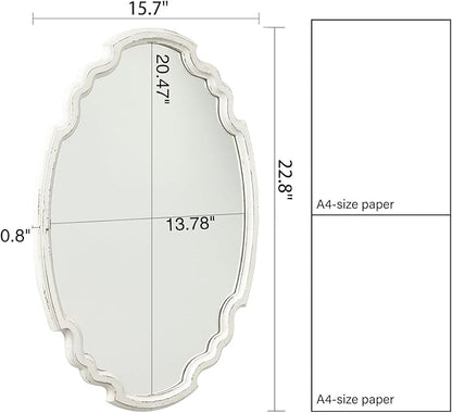 Vintage Sculpted Oval Mirrors for Wall Decor Living Room 16 x 23 inch, Hanging Distressed White Ornate Accent Wood Farmhouse Mirror, Rustic Wall Mounted Mirrors for Small Bathroom Entryway