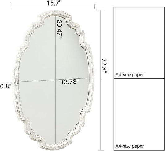 Vintage Sculpted Oval Mirrors for Wall Decor Living Room 16 x 23 inch, Hanging Distressed White Ornate Accent Wood Farmhouse Mirror, Rustic Wall Mounted Mirrors for Small Bathroom Entryway