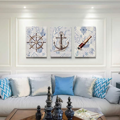 ocean theme steering wheel telescope ship pendant Canvas Prints bathroom Wall Art for Bedroom Wall decor Artworks Pictures wall decorations for living room,3 piece Home decor kitchen wall paintings