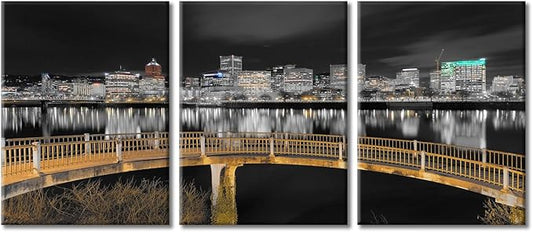 TUMOVO Ortland Oregon Downtown City Skyline Wall Art for Living Room 3 Piece Pedestrian Bridge Along Willamette River at Night Wall Decor Living Room Framed Ready to Hang (36" Wx16 H)