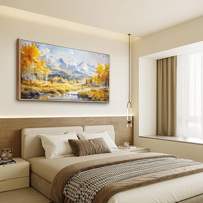 ZUITINGHUA Large Wood Framed Wall Decor For Living Room Canvas Wall Art For Office Modern Wall Decorations For Bedroom Yellow Tree Landscape Paintings Mountain Pictures Artwork Home Decor 24x48 In