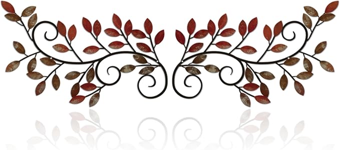 ESTART 2 Pieces Metal Tree Leaf Wall Decor Vine Olive Branch Leaf Wall Art Wrought Iron Scroll Wall Hanging for Above Door, Living Room, Office, Hallway, Indoor and Outdoor Decoration (Retro Red)