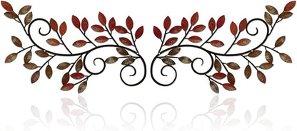 ESTART 2 Pieces Metal Tree Leaf Wall Decor Vine Olive Branch Leaf Wall Art Wrought Iron Scroll Wall Hanging for Above Door, Living Room, Office, Hallway, Indoor and Outdoor Decoration (Retro Red)