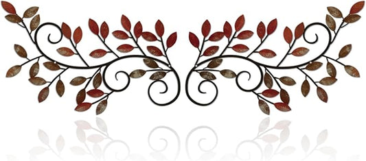 ESTART 2 Pieces Metal Tree Leaf Wall Decor Vine Olive Branch Leaf Wall Art Wrought Iron Scroll Wall Hanging for Above Door, Living Room, Office, Hallway, Indoor and Outdoor Decoration (Retro Red)