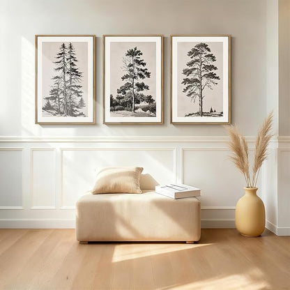 ANHUIB Vintage Tree Sketch Framed Canvas Wall Art 24x36 Inch Neutral Wilderness Forest Paintings Retro Botanical Wall Decor Set of 3 Black and White Landscape Prints for Living Room Bedroom Office