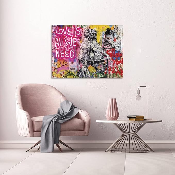 Graffiti Pop Wall Art Love Is All We Need Street Landscape of London City Canvas Paintings Art Pictures Stretched and Framed Ready to Hang Home Decor for Living Room Office Bar(24”W x 18”H)