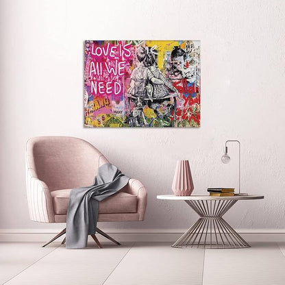 Graffiti Pop Wall Art Love Is All We Need Street Landscape of London City Canvas Paintings Art Pictures Stretched and Framed Ready to Hang Home Decor for Living Room Office Bar(24”W x 18”H)