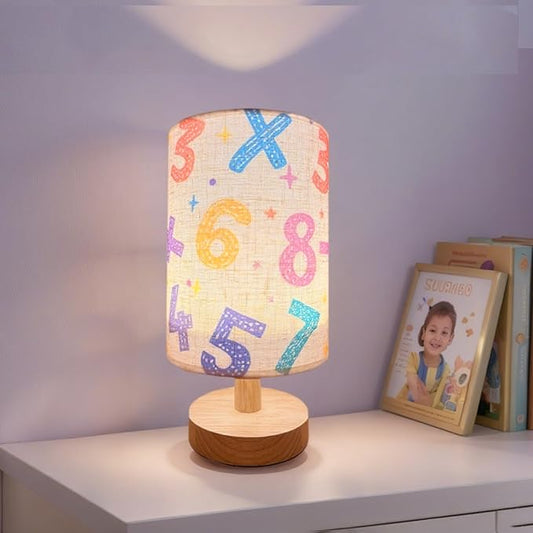 Kids Table Lamp, Small Bedside Lamp, 3 Color Changing LED Night Light with 9 Brightness Levels Wood Nightstand Desk Base Flaxen Fabric Shade for Bedroom Living Room (Colored Numbers)