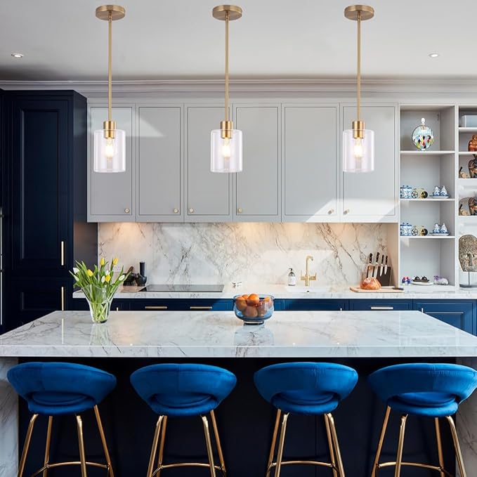 Brass Pendant Lights Kitchen Island,Modern Farmhouse Clear Glass Pendant Light,Gold Light Fixture Kitchen Pendant Mini Hanging Light Fixture for Sink (Brass 2 Pack stem Rod)
