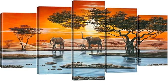 Wieco Art Elephant Family Canvas Prints Wall Art Animals Paintings Reproduction Pictures for Living Room Bedroom Home Decorations Modern 5 Panel Stretched and Framed African Landscape Giclee Artwork