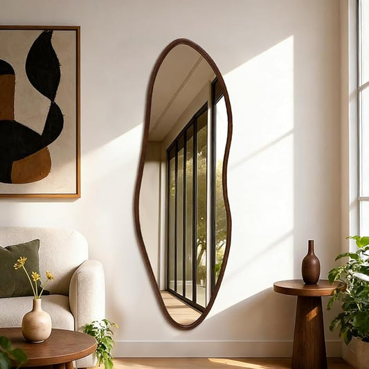 Irregular 65"x22" Wood Frame Full Length Mirror, Long Wall-Mounted Mirrors, Large Body Hanging Mirror for Living Room, Decorative Vanity Mirrors for Entryway, Bedroom,Horizontal/Vertical, Walnut