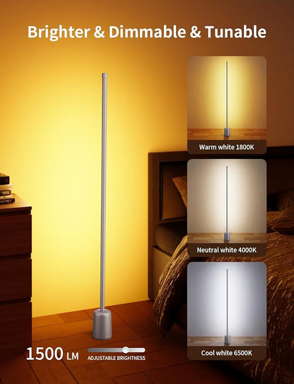 Ailofy Corner Floor Lamp, 1500lm RGBW Corner Lamp Work with Alexa & Google Assistant, 16 Million DIY Colors, Sync with Music, App Control, Modern LED Floor Lamp for Living Room & Bedroom, Silver Grey