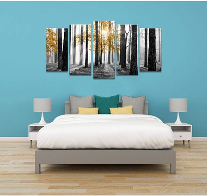 Visual Art Decor Large 5 Pieces Forest Landscape Wall Art Yellow and Gray Forest Wall Art Sunshine Foggy Forest Picture Framed Artwork Ready to Hang, 60inchx32inch