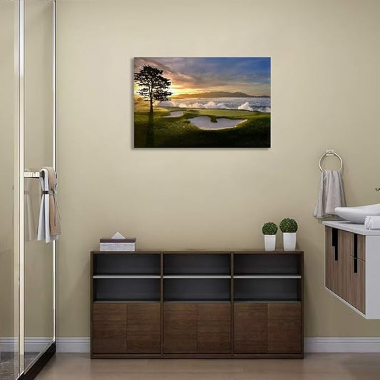 Pebble Beach Canvas Wall Art Picture Pebble Beach Golf Course Wall Decor for Living Room Bedroom Bathroom Home Decorations Golf Course Poster Picture Framed Artwork Ready to Hang(28''H x 44''W)