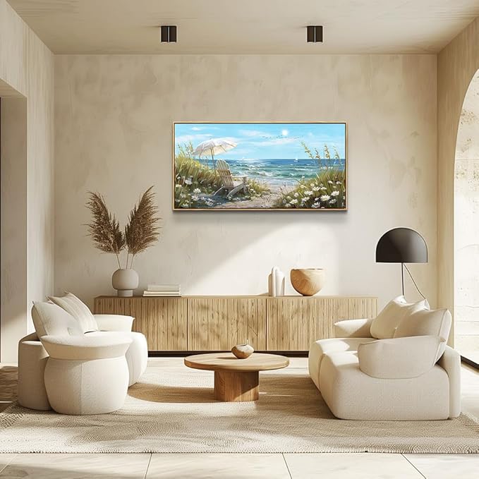 ERQINHUA Large Wall Decor For Living Room Canvas Wall Art For Restaurant Office Decorations Blue Sea Ocean Paintings Beach Chair Wall Pictures Modern Home Decor Ready To Hang Wood Framed 20x40 In