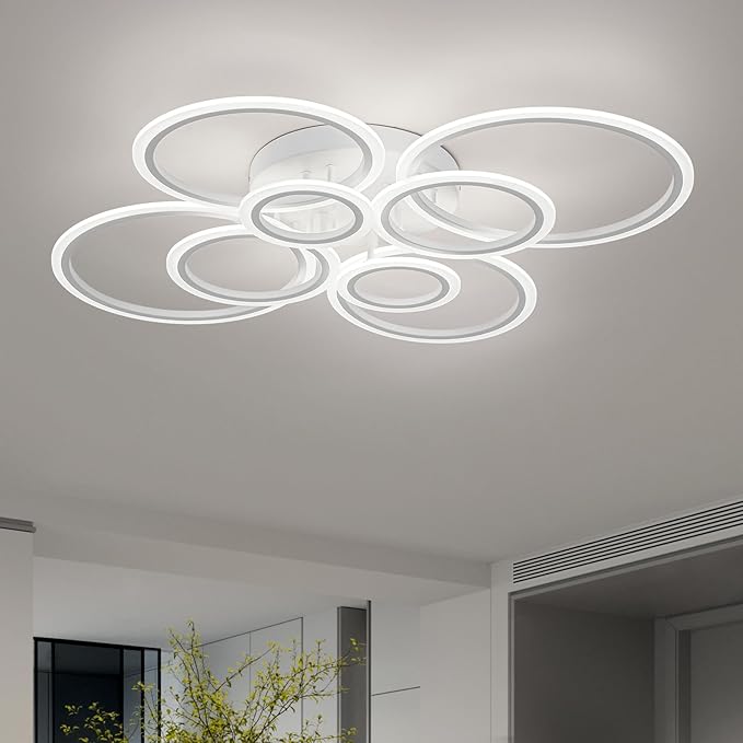 Modern LED Flush Mount Ceiling Light, 8 Rings White Close to Ceiling Light Fixtures, Living Room Lighting Ceiling Lamp for Dining Room, Bedroom, Kitchen, 4000K Not Dimmable