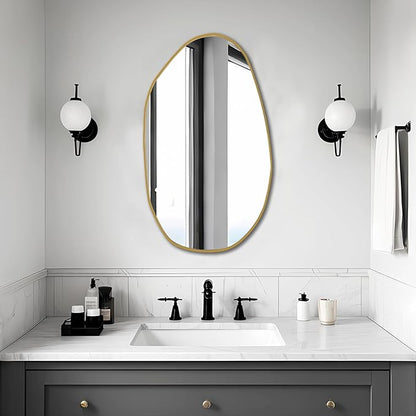 BOMINICA Irregular Wall Mirror Asymmetrical Mirror, Decorative Wall Mirror Golden Wood Framed, Wall Mounted Mirror for Bathroom Living Room Entryway Bedroom Hallway (Gold, 19.5" x 33.5")