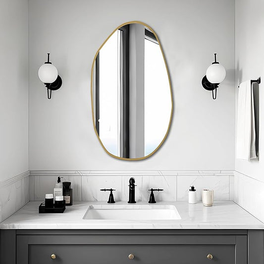BOMINICA Irregular Wall Mirror Asymmetrical Mirror, Decorative Wall Mirror Golden Wood Framed, Wall Mounted Mirror for Bathroom Living Room Entryway Bedroom Hallway (Gold, 19.5" x 33.5")