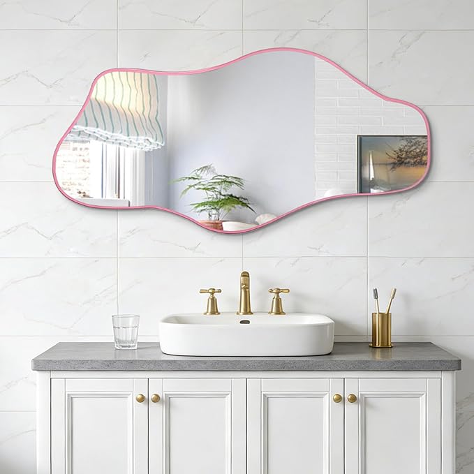 Asymmetrical Wall Mirror, 35.8"x17.7" Irregular Tempered Glass Mirror, Modern Abstract Frameless Mirrors for Living Room Bathroom Bedroom Hallway Entryway, Horizontal or Vertical Hanging