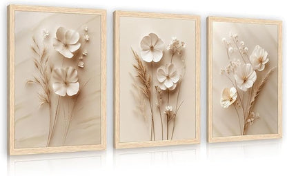 GELDSTEI Neutral Simple Beige Floral Canvas Wall Art, Modern Minimalist Botanical Wall Decor, Vintage Beige Flower Poster Prints for Living Room Bedroom Farmhouse Wood Framed Set of 3, Each 16x24 Inch