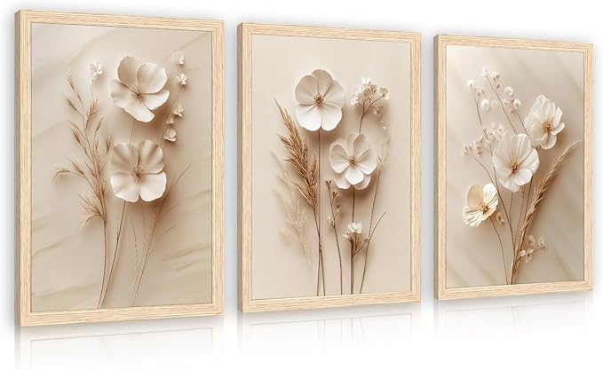 GELDSTEI Neutral Simple Beige Floral Canvas Wall Art, Modern Minimalist Botanical Wall Decor, Vintage Beige Flower Poster Prints for Living Room Bedroom Farmhouse Wood Framed Set of 3, Each 12x16 Inch