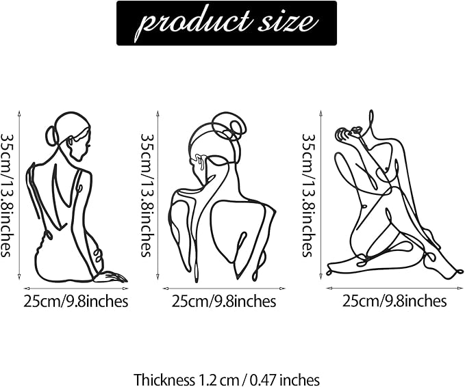 Photect 3 Pcs Metal Wall Art Decor Minimalist Abstract Woman Wall Art Metal Modern Line Drawing Decor Female Single Line Home Hanging for Bedroom Bathroom Living Room Housewarming(Retro,Black)