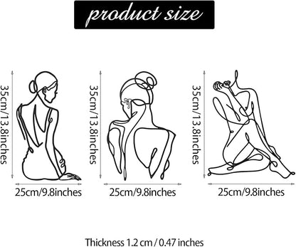 Photect 3 Pcs Metal Wall Art Decor Minimalist Abstract Woman Wall Art Metal Modern Line Drawing Decor Female Single Line Home Hanging for Bedroom Bathroom Living Room Housewarming(Retro,Black)