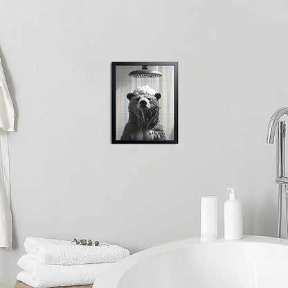 XYHYRA Funny Bear Bathroom Wall Art, Black and White Animal Shower Canvas Print Picture, Cute Bear Taking Bath Poster, Modern Farmhouse Bathroom Restroom Home Wall Decor 8x10 inch Wood Framed