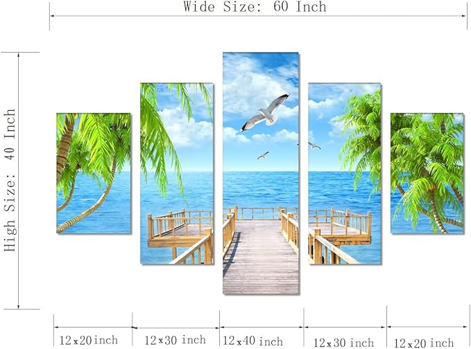 Landscape Seagulls Palm Scene Picture Modern Painting on Canvas 5 Panels Combination Set Framed Wall Art for Living Room Bedroom Home Decor Stretched Gallery Wrap Giclee Print (60''W x 40''H)
