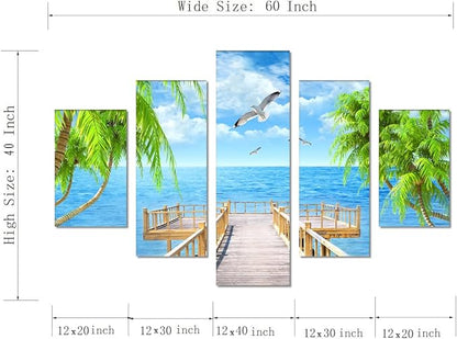 Landscape Seagulls Palm Scene Picture Modern Painting on Canvas 5 Panels Combination Set Framed Wall Art for Living Room Bedroom Home Decor Stretched Gallery Wrap Giclee Print (60''W x 40''H)