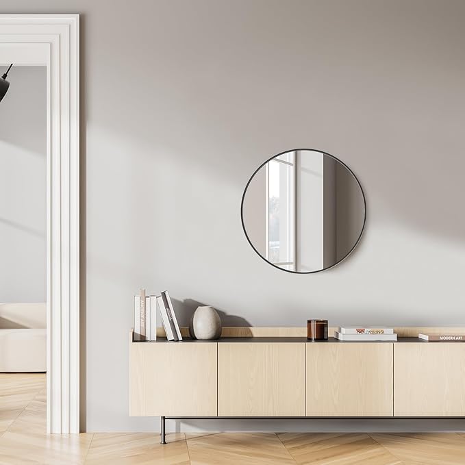 NEWBULIG Round Bathroom Mirror for Over Sink, 20 Inch Wall Mount Vanity Circle Mirror with Matte Metal Framed, Decor for Bathroom, Entryway, Bedroom, Black