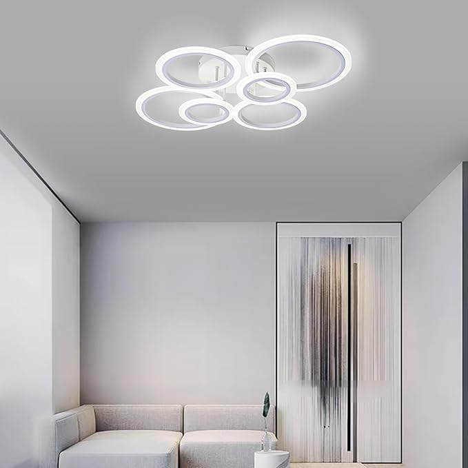 Modern LED Flush Mount Ceiling Light, 6 Rings White Close to Ceiling Light Fixtures, Living Room Lighting Fixture Ceiling Lamp for Kitchen, Bedroom, Laundry Room, 4000K Not Dimmable