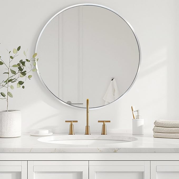 Silver Round Mirror, Circle Mirror 30 inch, Round Wall Mirrors Metal Frame, Circle Mirrors for Bathroom, Living Room, Hallway, Vanity, Over Sink