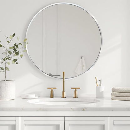 Silver Round Mirror, Circle Mirror 30 inch, Round Wall Mirrors Metal Frame, Circle Mirrors for Bathroom, Living Room, Hallway, Vanity, Over Sink